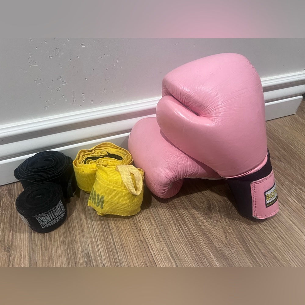 Pink Boxing Gloves with Yellow Wraps and Black Wraps